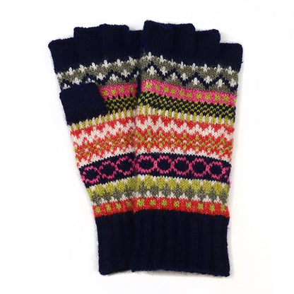 Pair of Nordic stripe pattern fingerless gloves in blue, green and rust colours