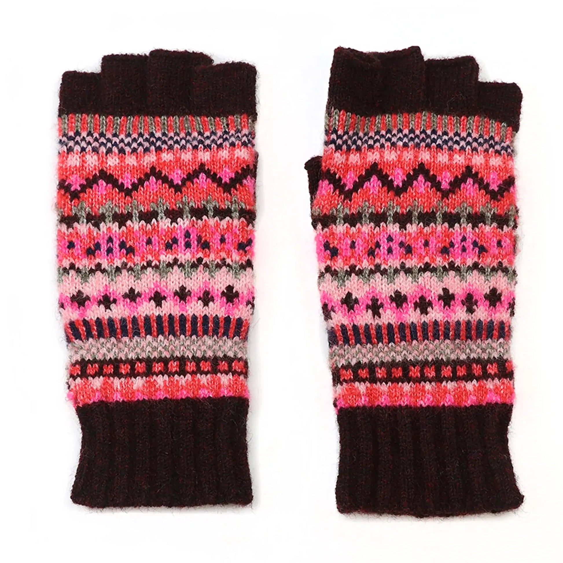 Pair of Nordic stripe pattern fingerless gloves in pink and red colours