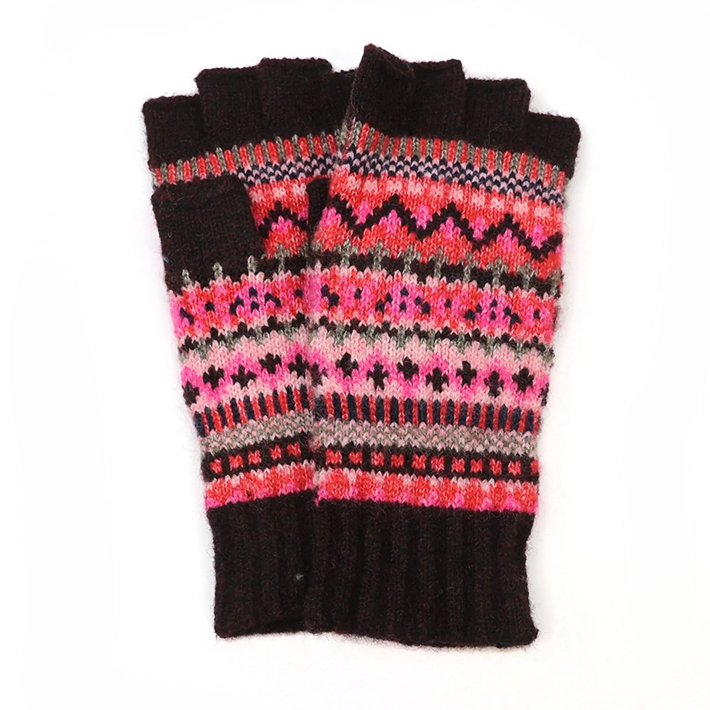 Pair of Nordic stripe pattern fingerless gloves in pink and red colours 