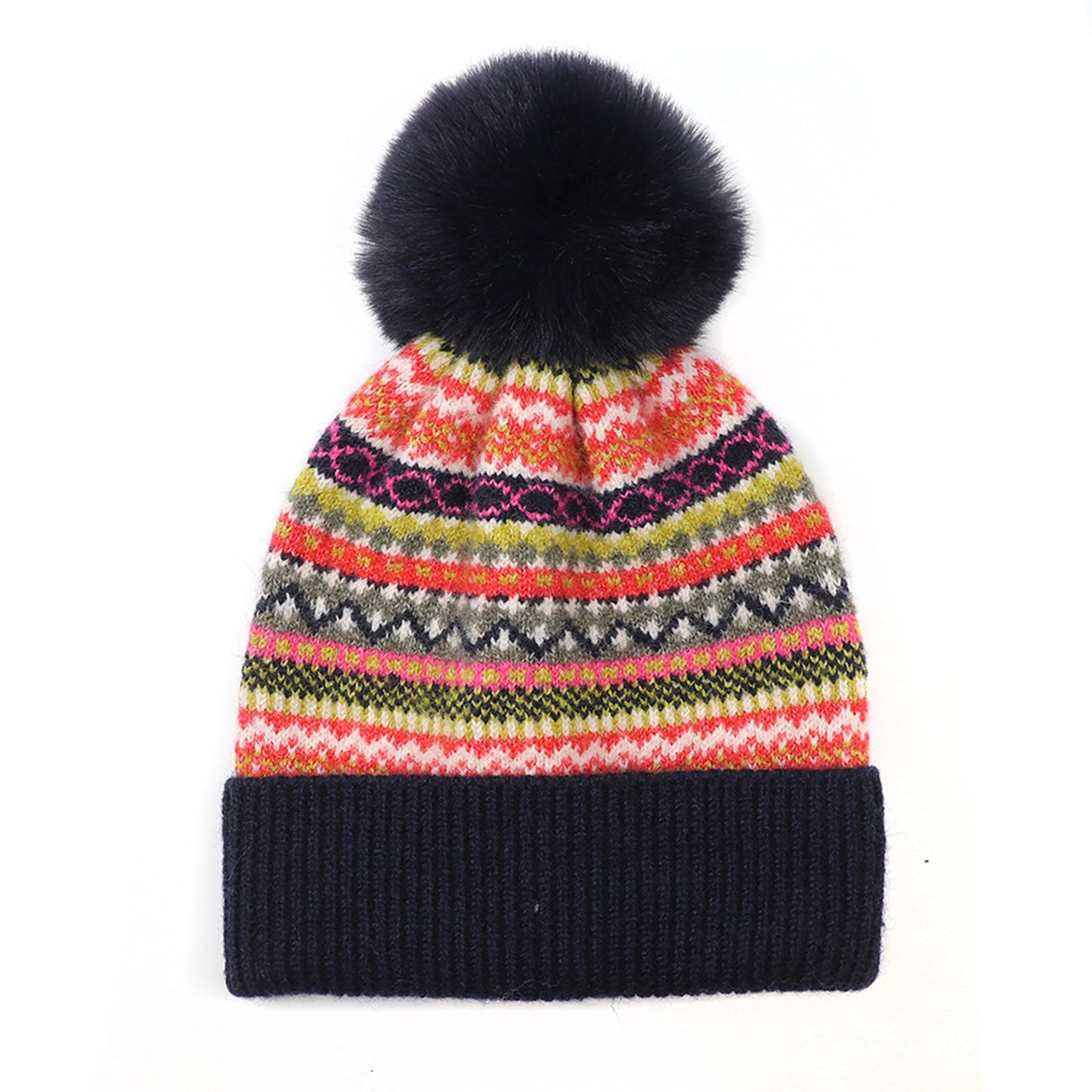 Knitted Nordic stripe pattern hat in blue, green and rust colours with faux fur pompom