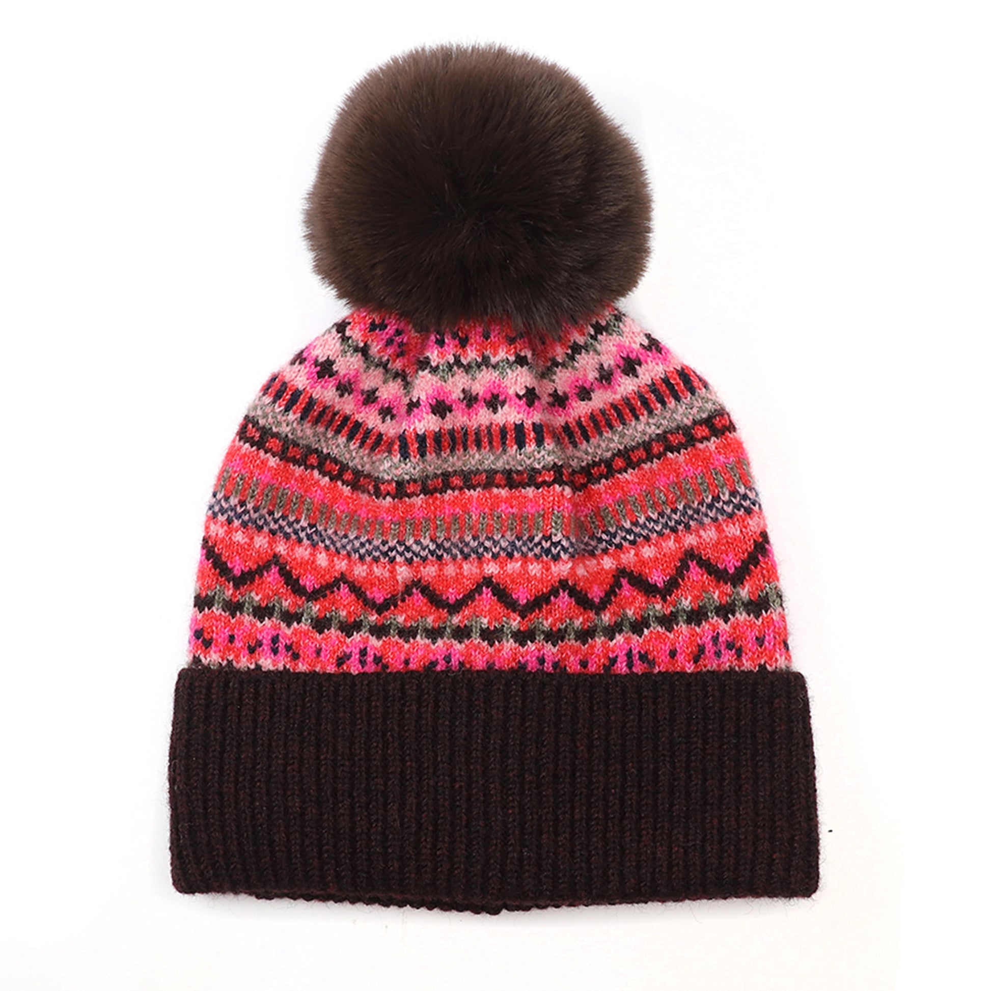 Knitted Nordic stripe pattern hat in pink and red colours with faux fur pompom