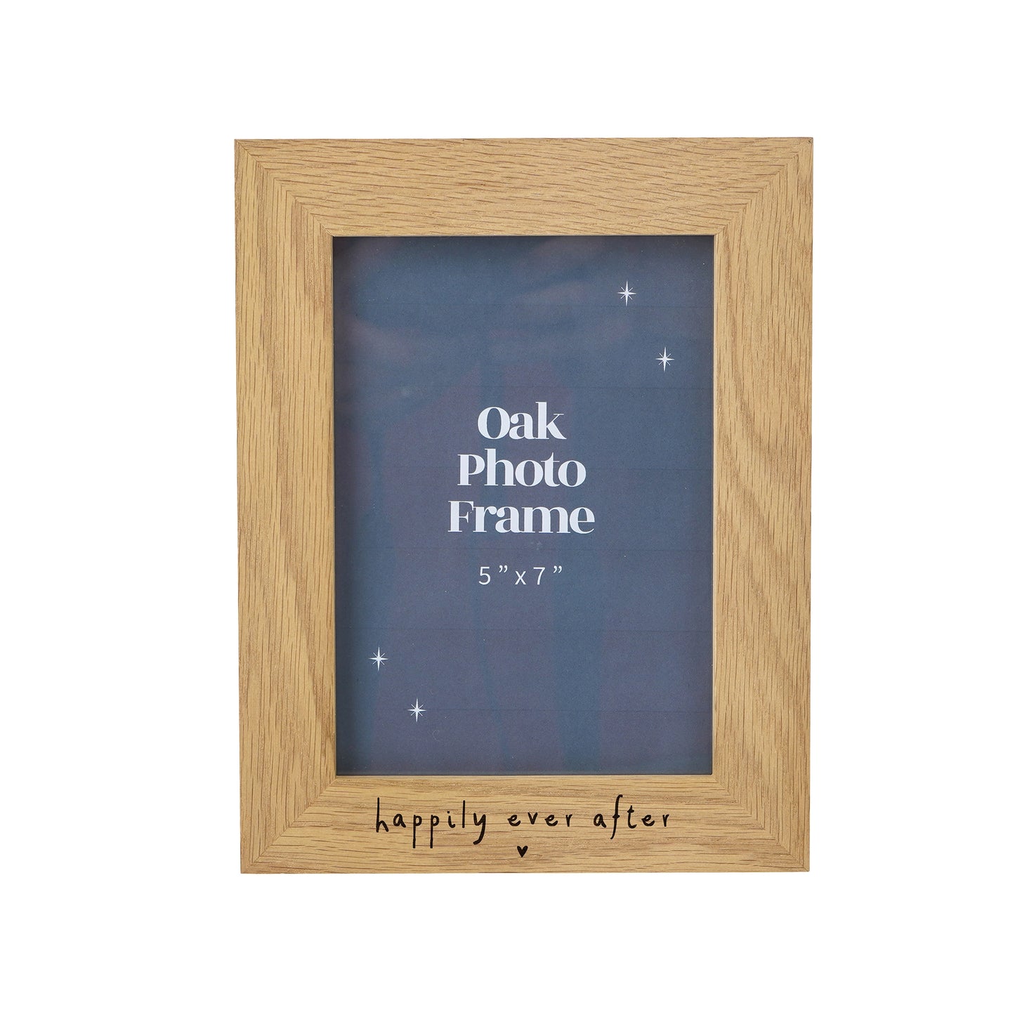 A 6"x7" oak effect photo frame engraved with 'Happily ever after'