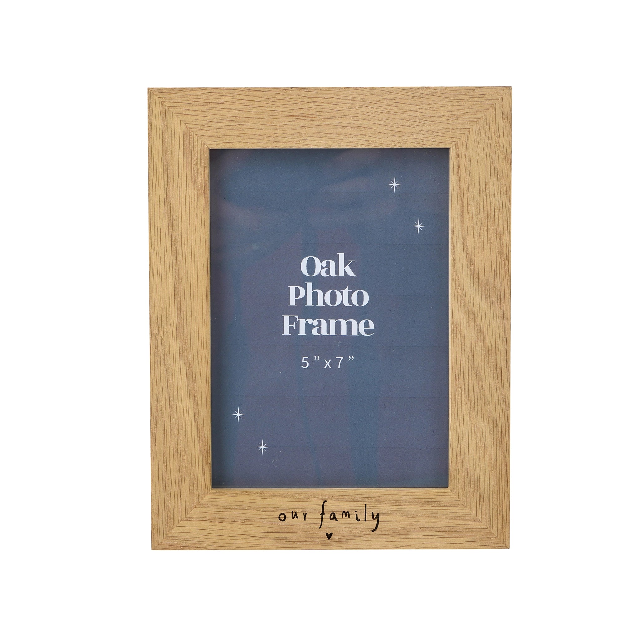 A 6"x7" photo frame in oak effect with 'our family' engraved along the bottom