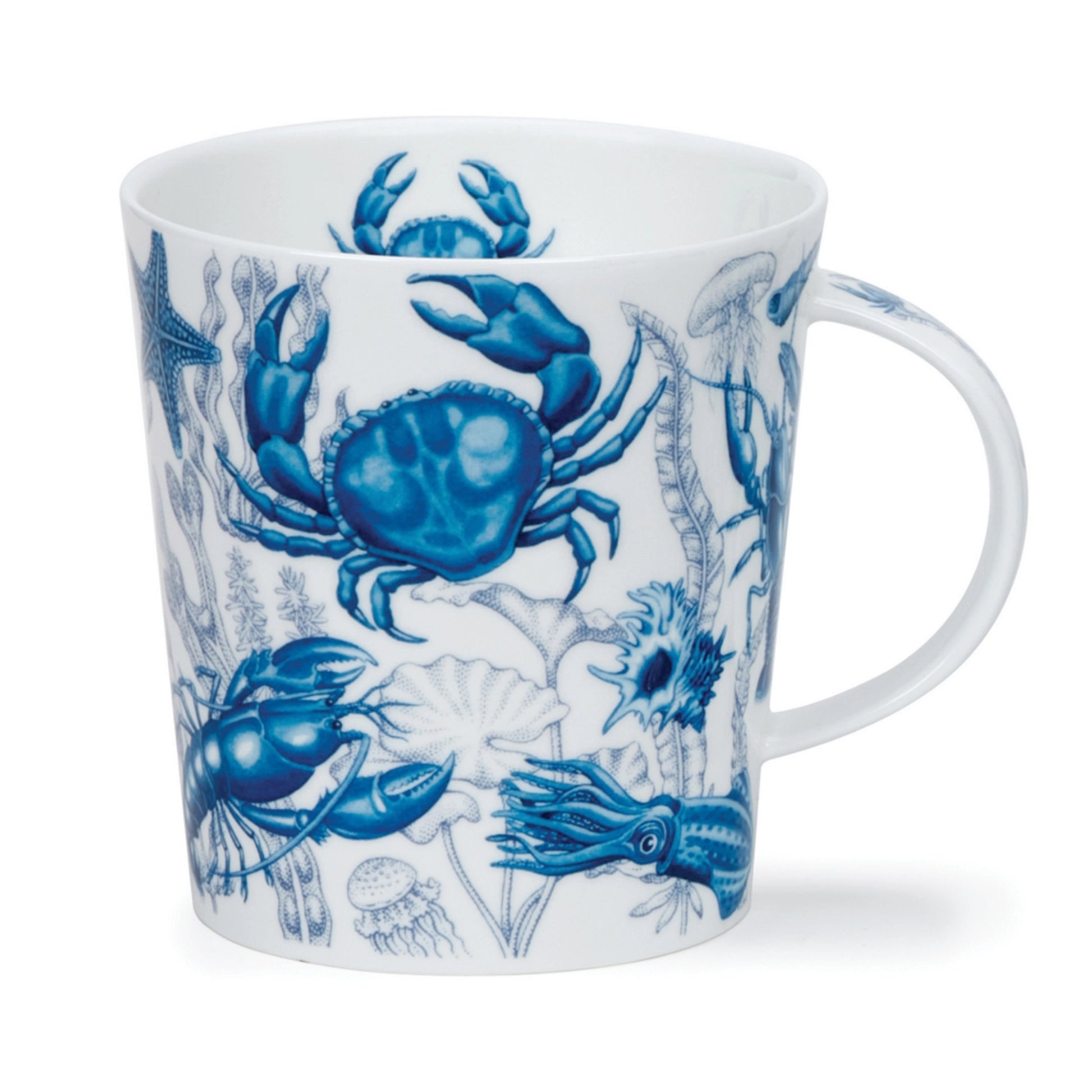 Blue and white mug with Sea crustaceans and a crab on the inner rim and handle