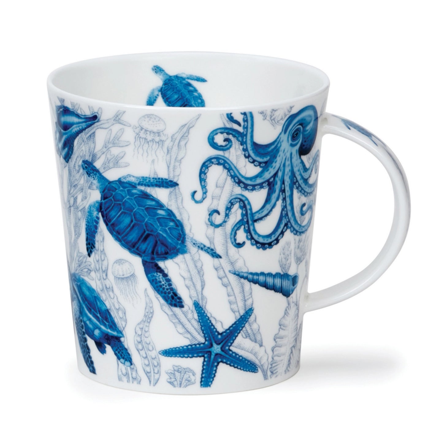 Blue and white mug with Sea creatures and a turtle on the inner rim and handle