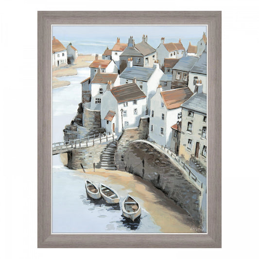 A ashy wood framed wall art print of a painting of a coastal town 