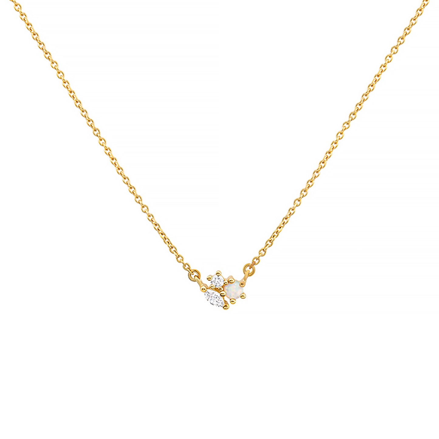 Gold necklace featuring a pendent with a cluster of different shaped CZ stones and a white opal stone