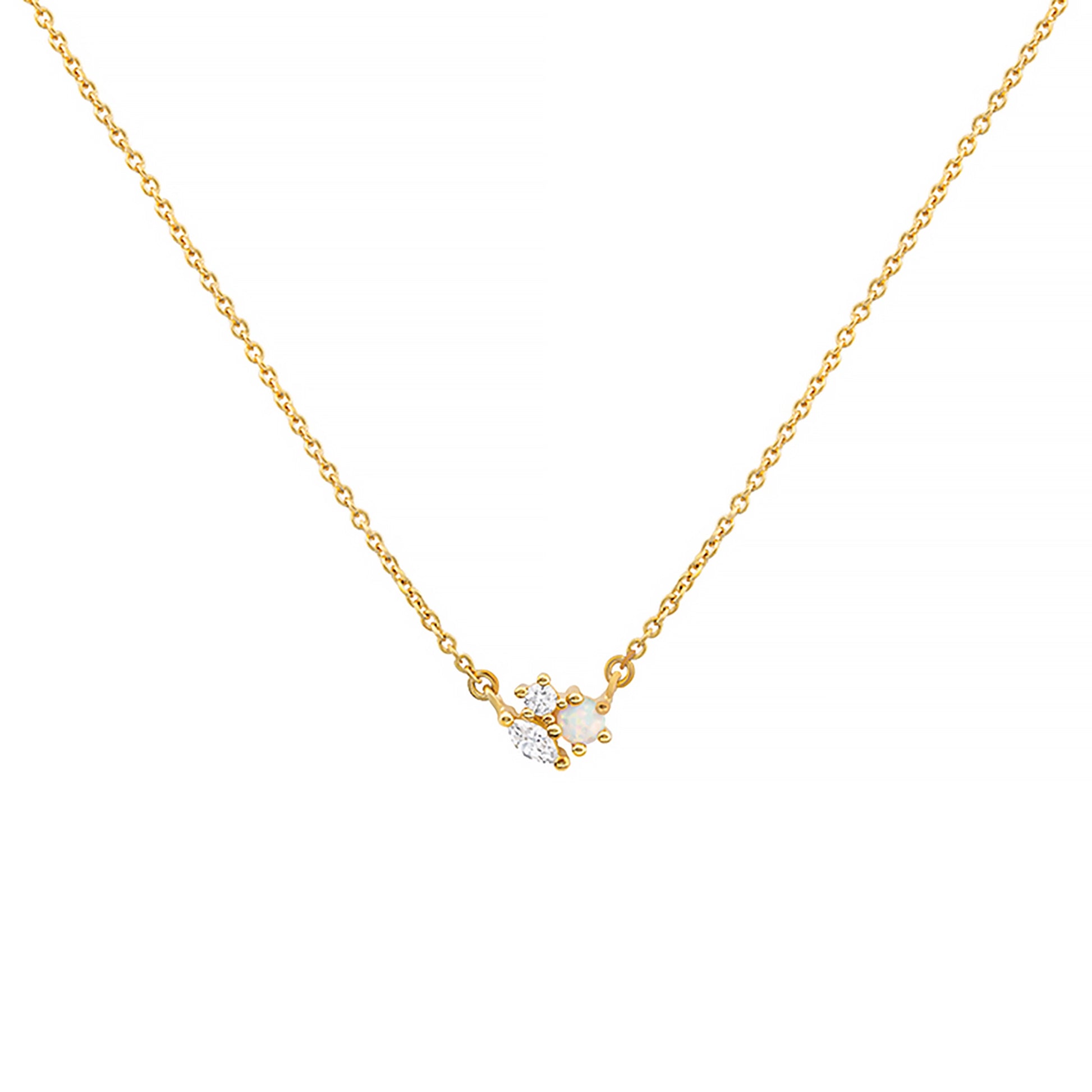 Gold necklace featuring a pendent with a cluster of different shaped CZ stones and a white opal stone
