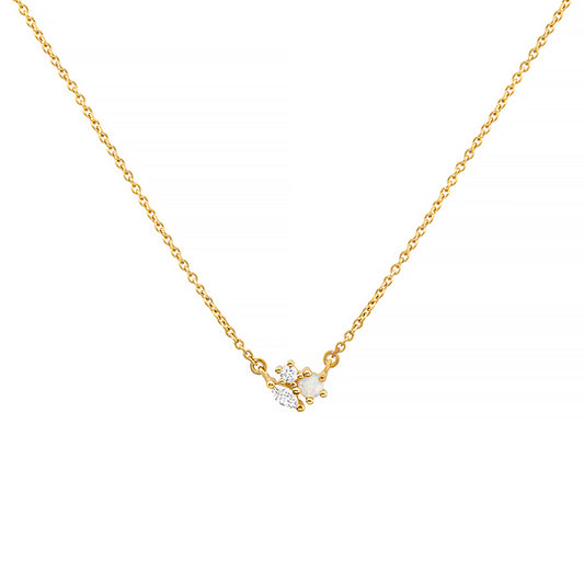Gold necklace featuring a pendent with a cluster of different shaped CZ stones and a white opal stone