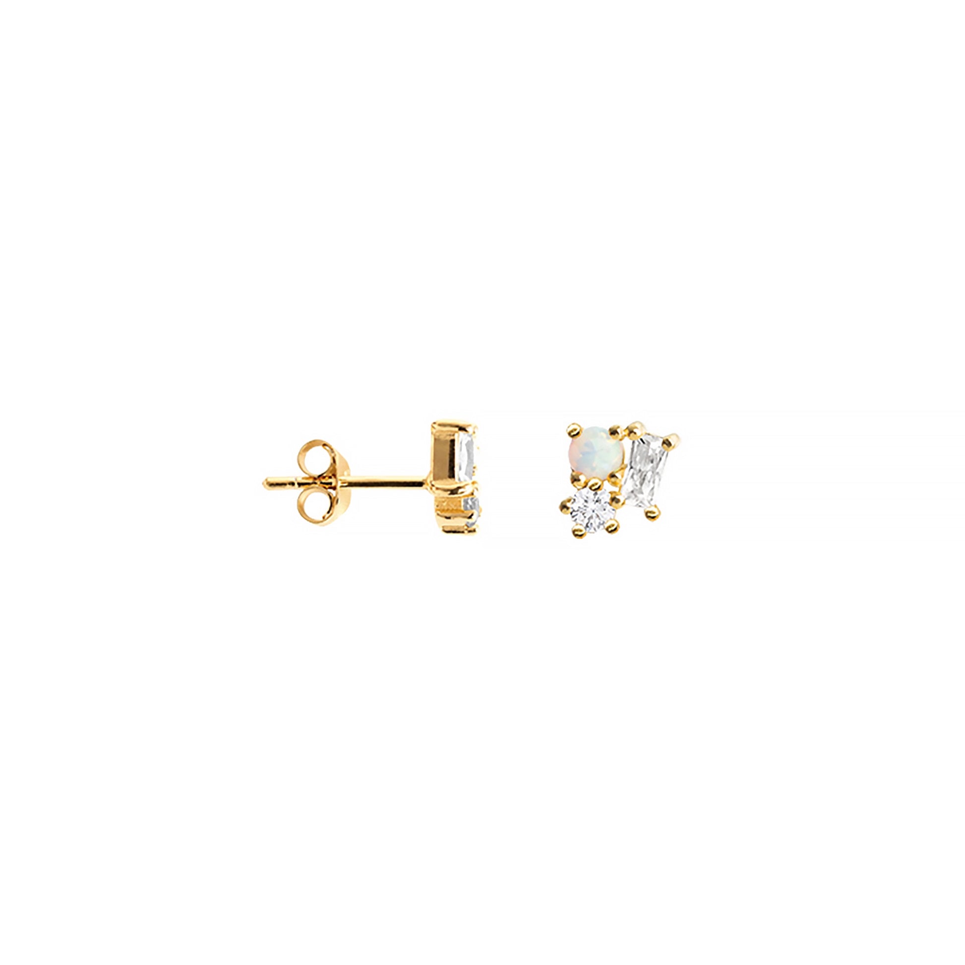 Pair of gold stud earrings featuring a cluster of different shaped CZ stones and a white opal stone