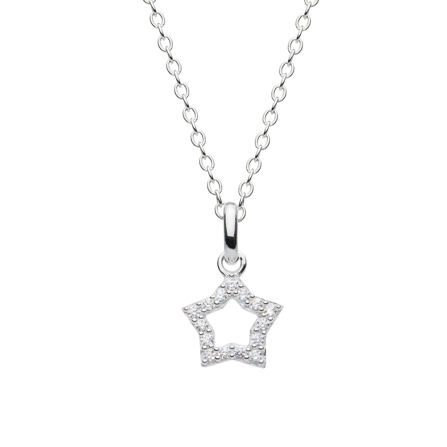 An open star pendant with CZ stones and a silver chain