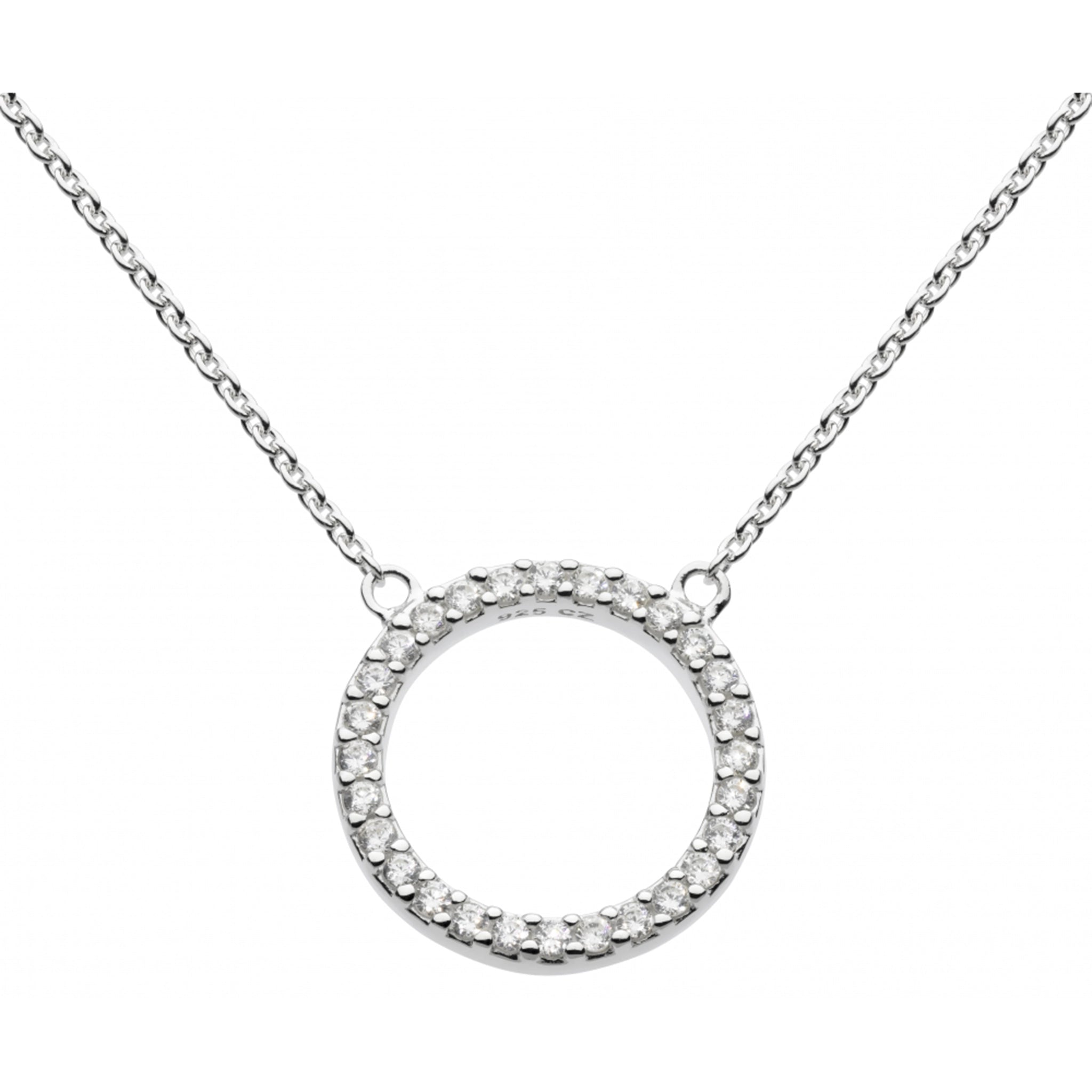 A necklace with a large open circle set with CZ stones