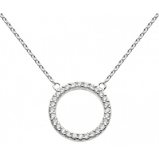 A necklace with a large open circle set with CZ stones