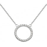 A necklace with a large open circle set with CZ stones