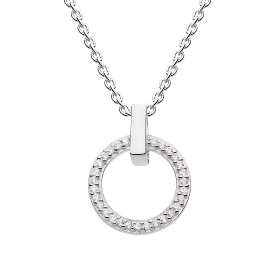 A silver pendant in an open circle shape with CZ stones and a thick bail