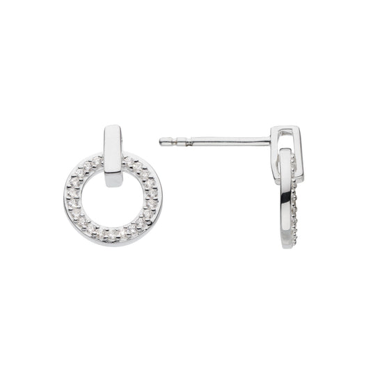 A pair of silver stud earrings with open circles set with CZ stones