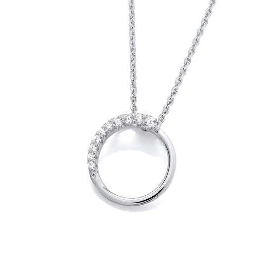 Silver open circle pendant with CZ stones along the top
