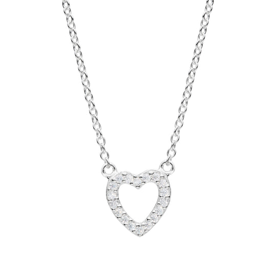 An open heart necklace with CZ stones on the frame