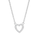 An open heart necklace with CZ stones on the frame