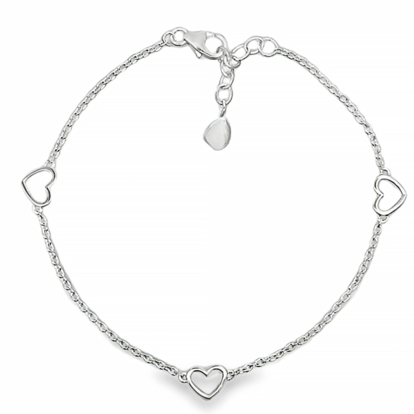 Silver chain bracelet with three open heart shaped links