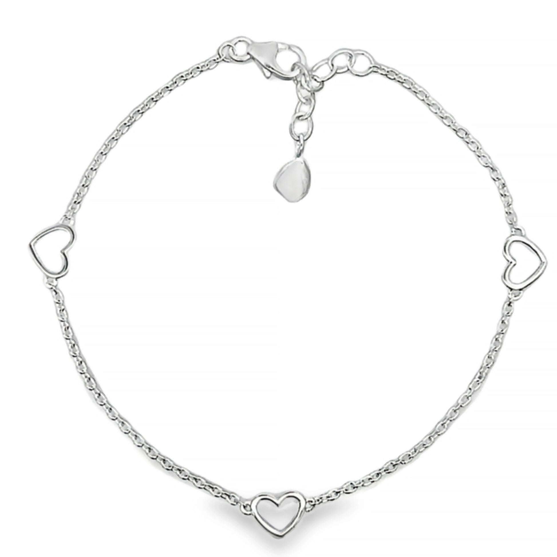 Silver chain bracelet with three open heart shaped links