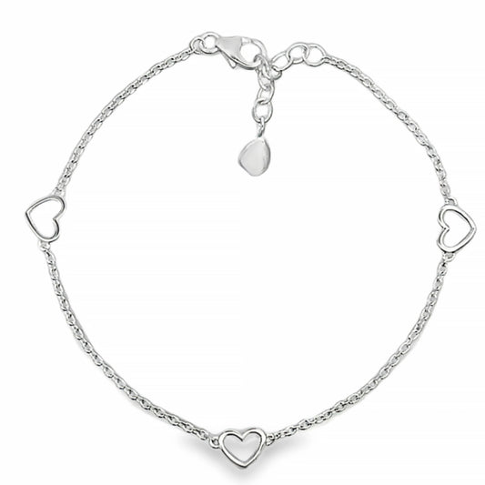 Silver chain bracelet with three open heart shaped links