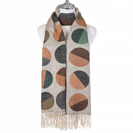 A retro geometric circle patterned scarf in neutral tones with a twisted tassel trim