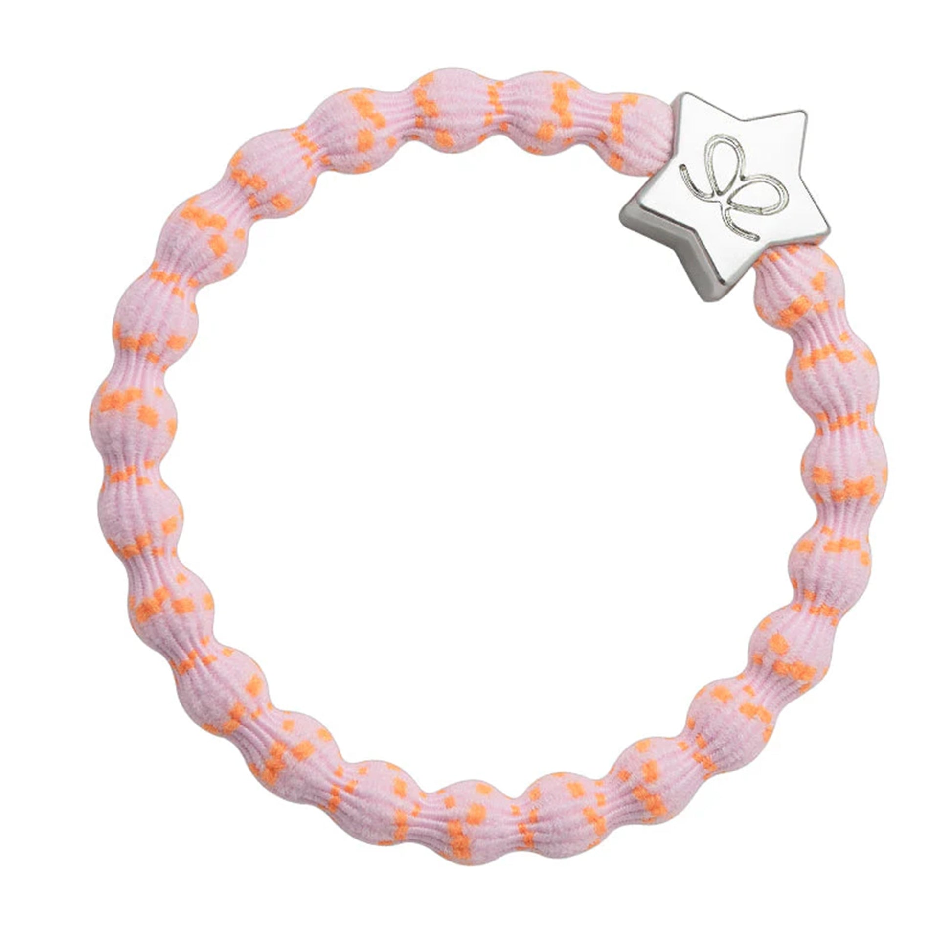 Orange dots on pink coloured bubble shaped hair tie with silver star charm