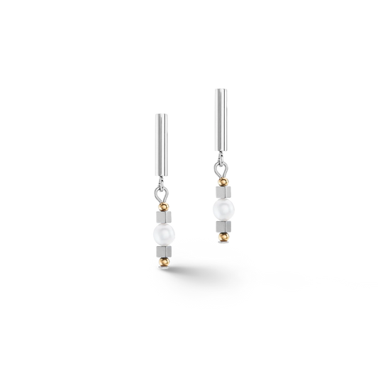 A pair of drop earrings featuring stainless steel, a white round pearl and haematite and gold details