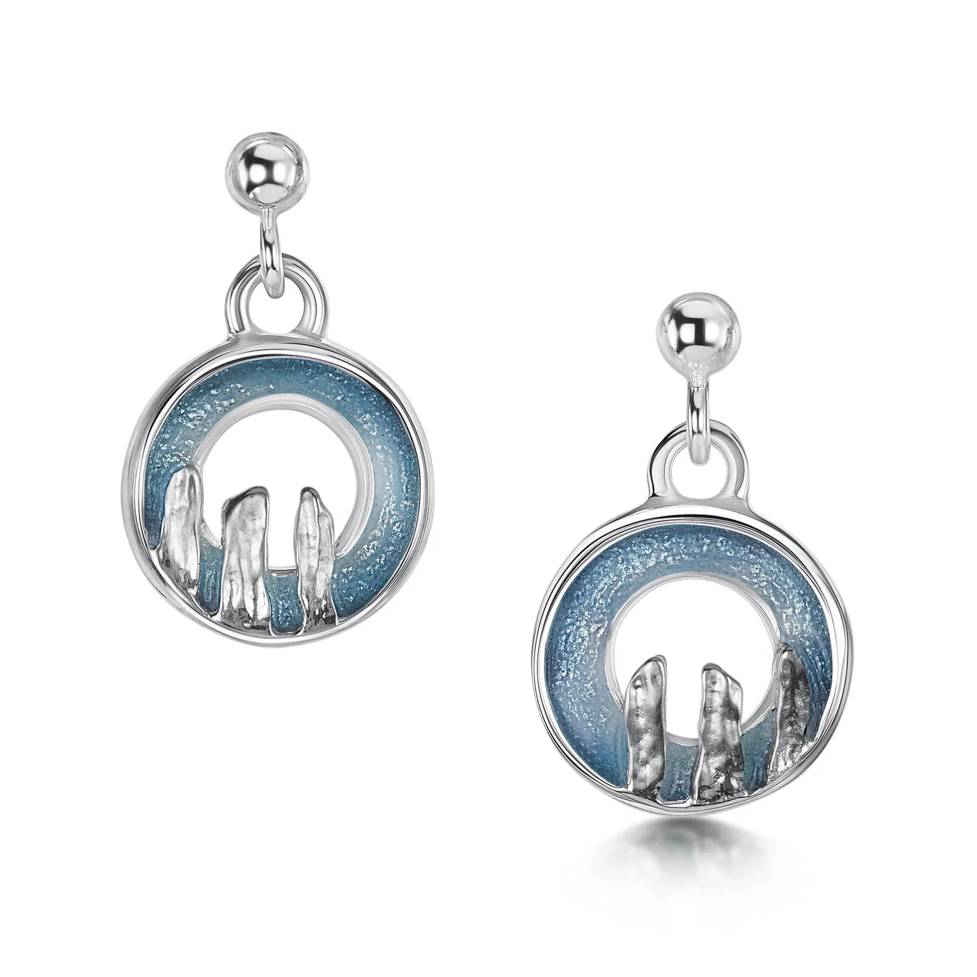 Silver drop earrings with round open circles in blue grey enamel, finished with a standing stone design