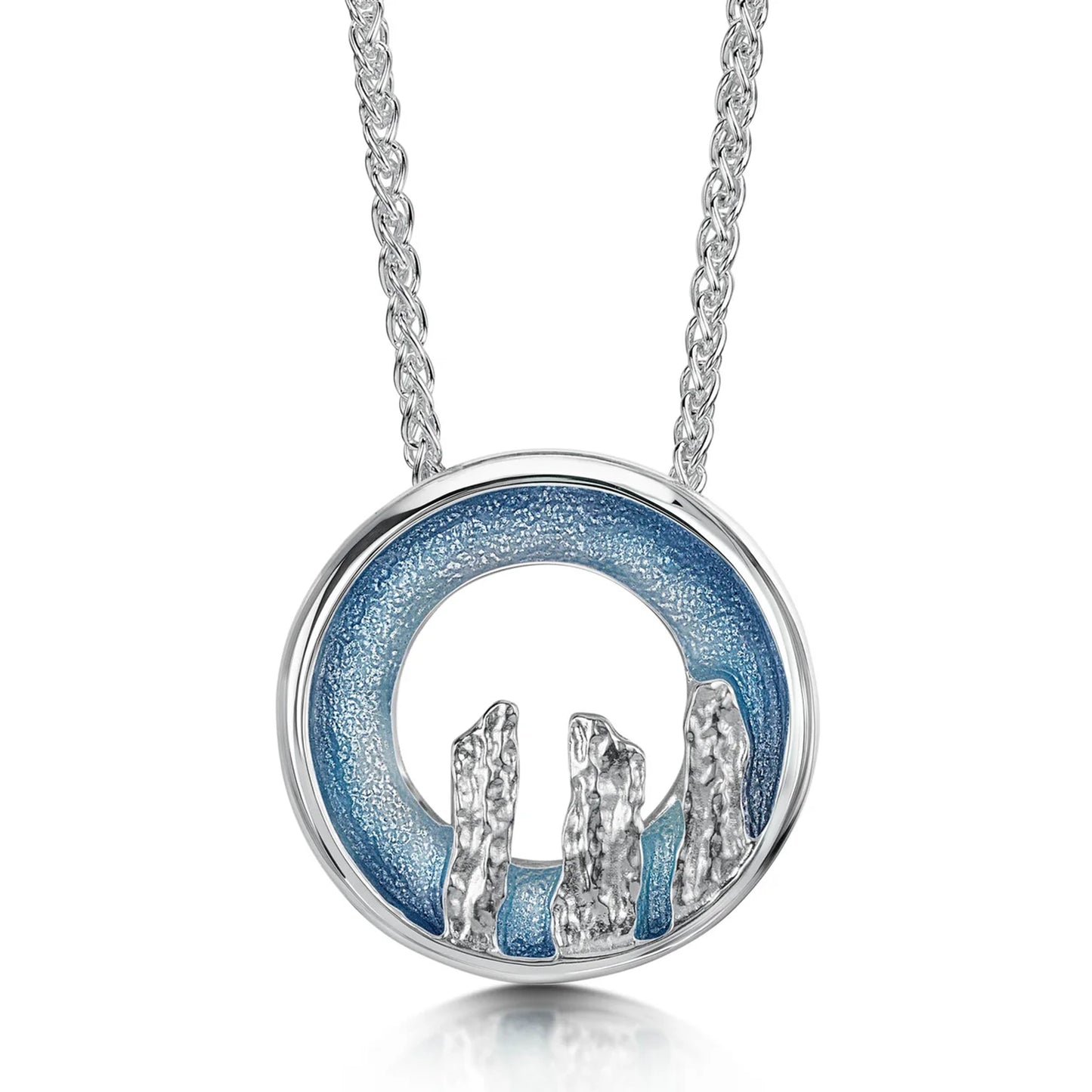 Silver open circle pendant with blue grey enamel and standing stone design on silver chain