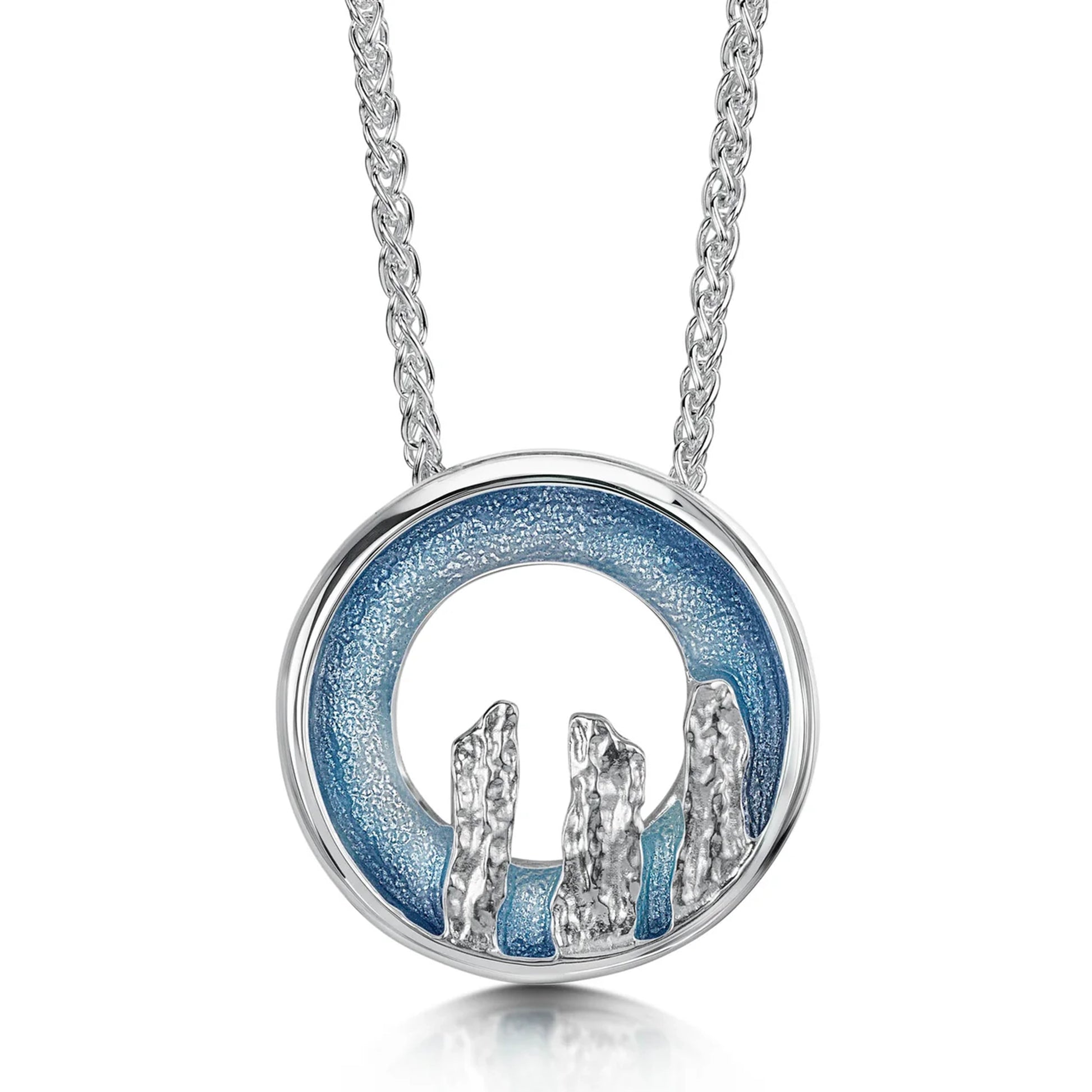 Silver open circle pendant with blue grey enamel and standing stone design on silver chain
