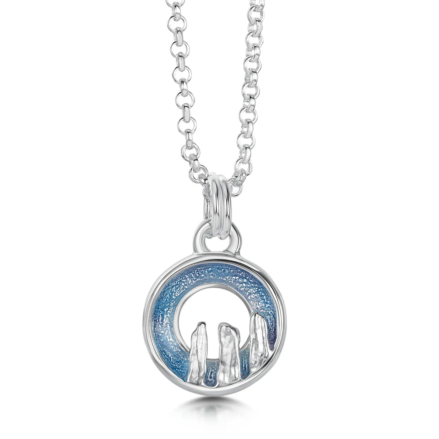 Silver open circle pendant in blue grey enamel with standing stone design on silver chain