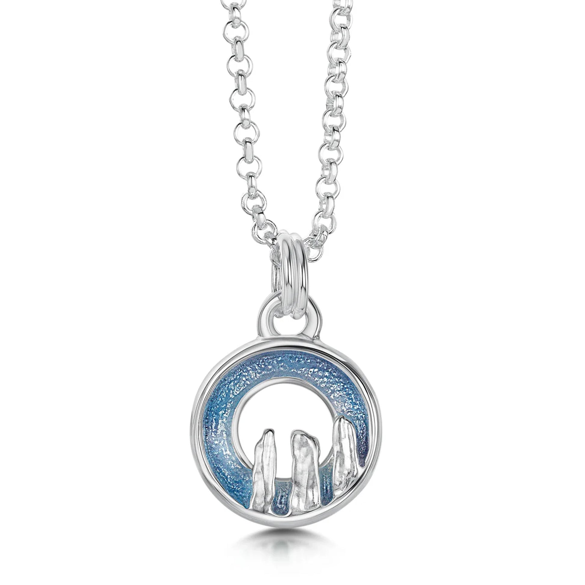 Silver open circle pendant in blue grey enamel with standing stone design on silver chain