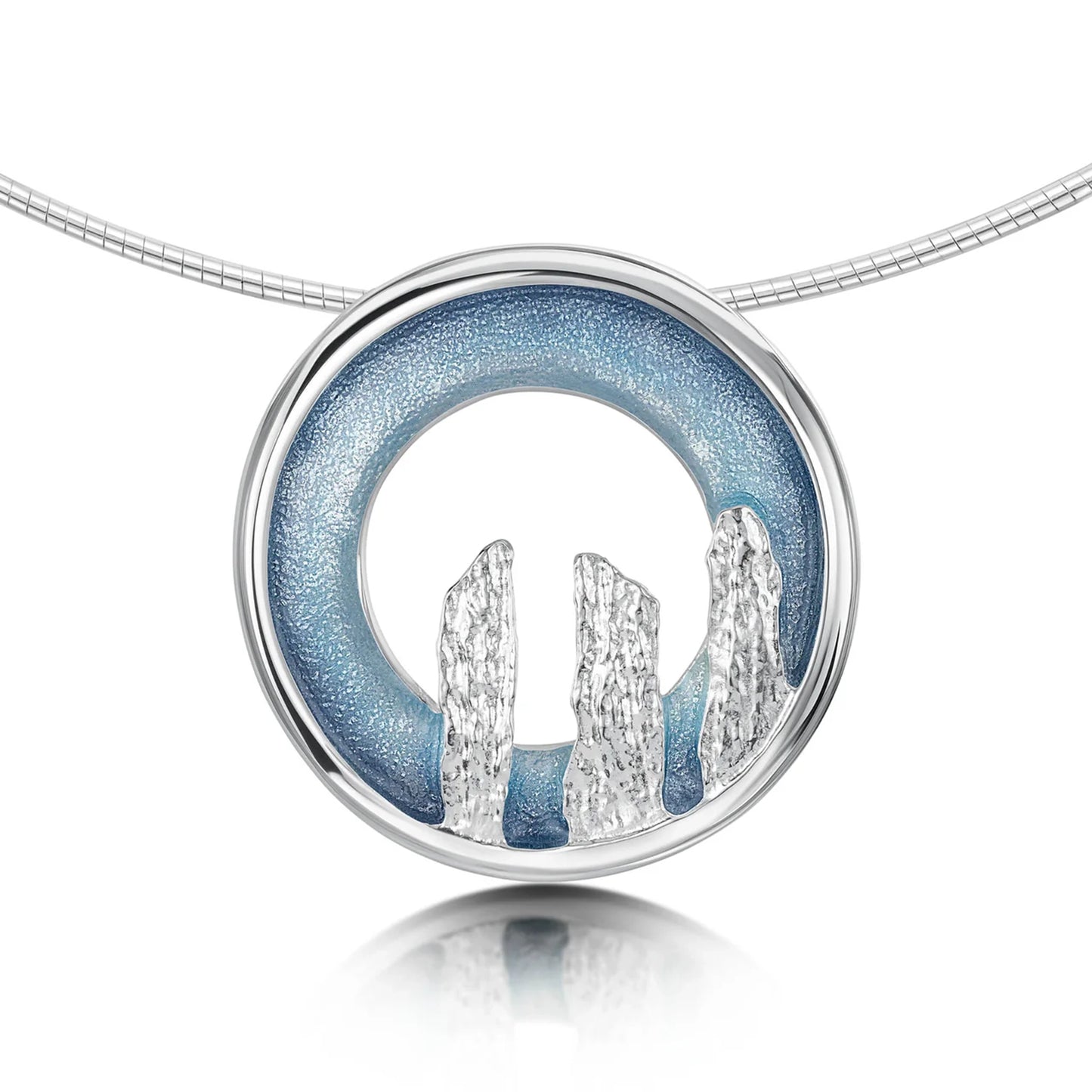 Open circle silver pendant with blue grey enamel and standing stone design on silver wire