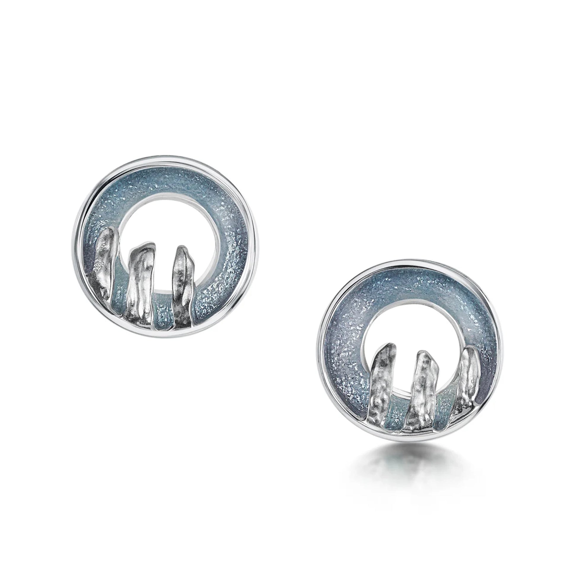 Round silver stud earrings with centre cutout, blue grey enamel, and standing stone details