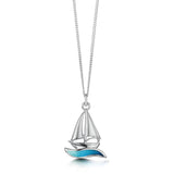 Small silver pendant of a yole, clinker boat with ocean blue enamel water detail