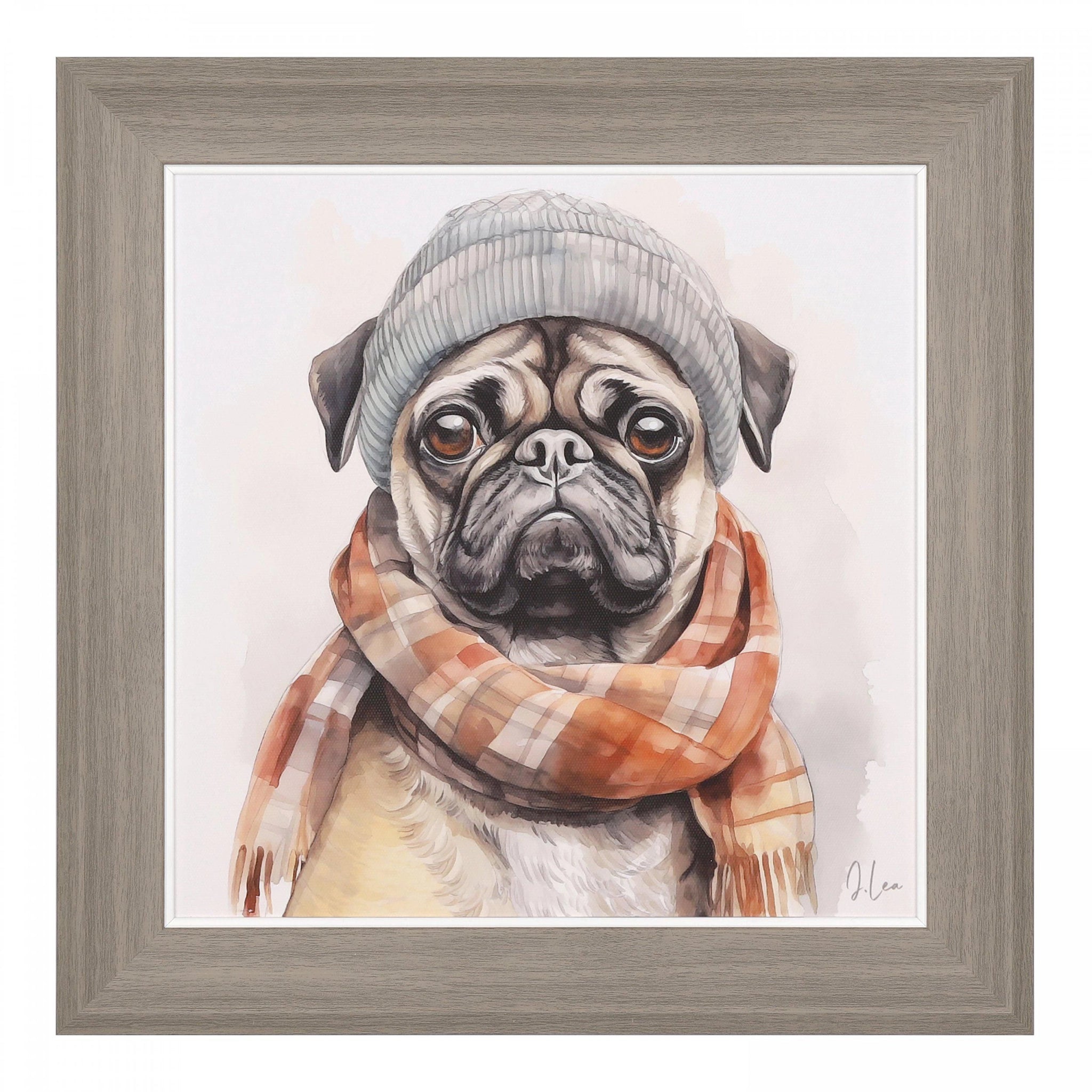 A square wood framed print of a pug in a knitted hat and checked scarf