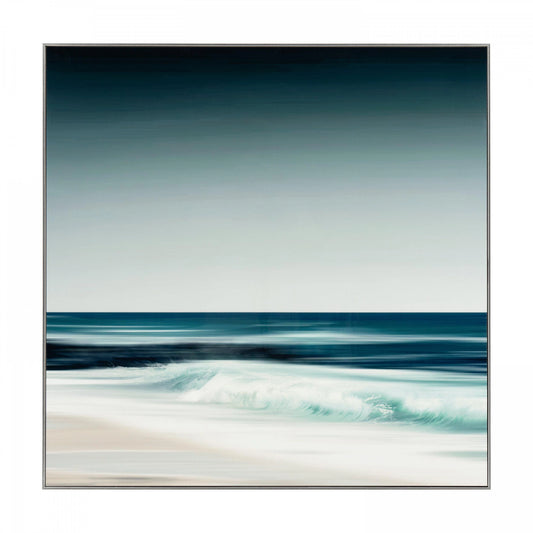 A large square art print featuring an ocean wave in a calm blue gradient