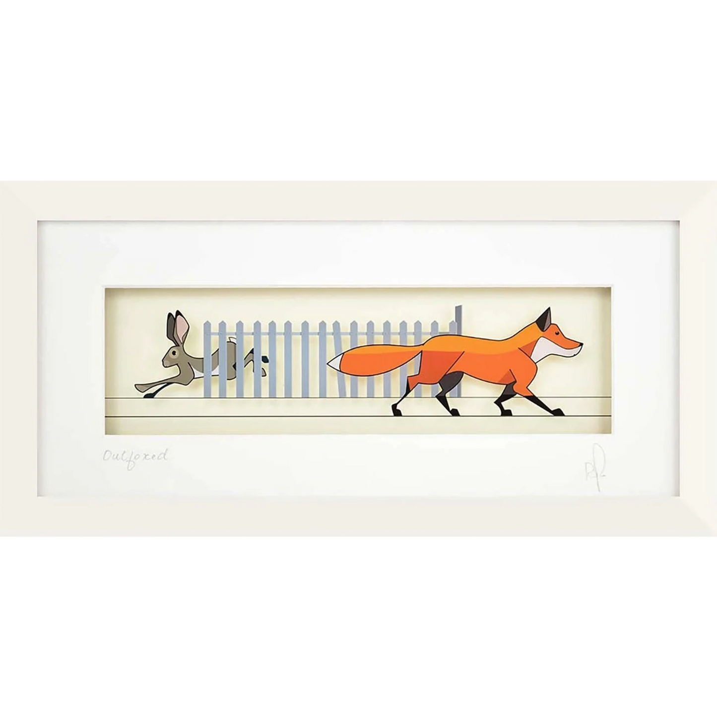 Rectangle framed print featuring printed acrylic art of a hare escaping a fox behind a fence
