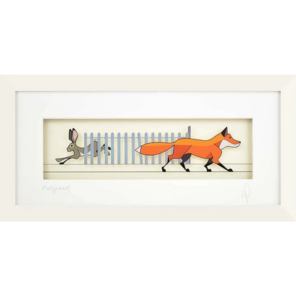 Rectangle framed print featuring printed acrylic art of a hare escaping a fox behind a fence