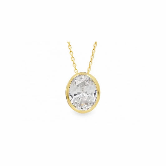Gold pendant in an oval shape with a faceted CZ stone in the centre on a gold chain