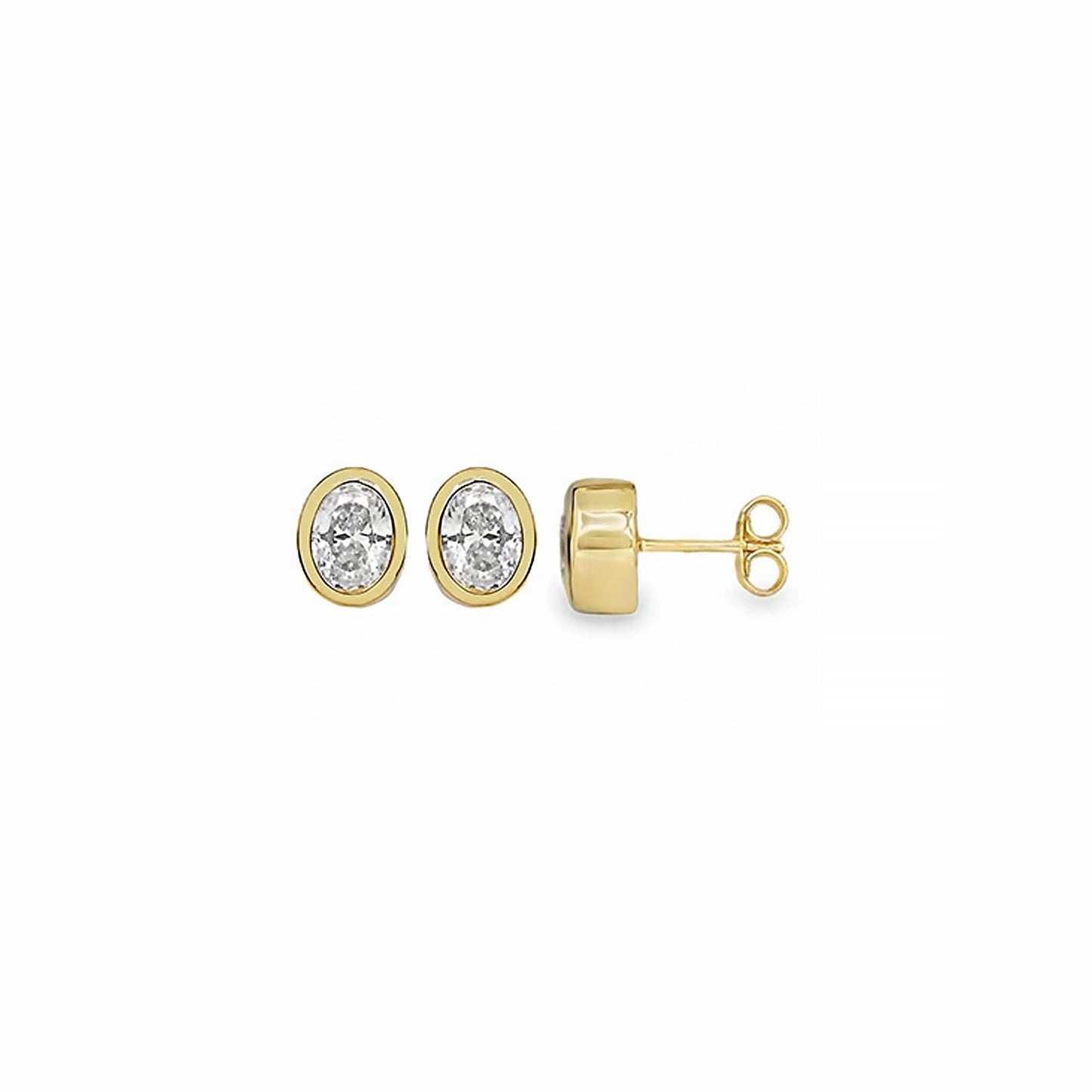 Gold stud earrings in an oval shape with a faceted CZ stone in the centre
