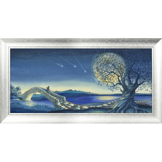A long framed print featuring a night scene with bunnies on a bridge and a moon behind a twisty tree