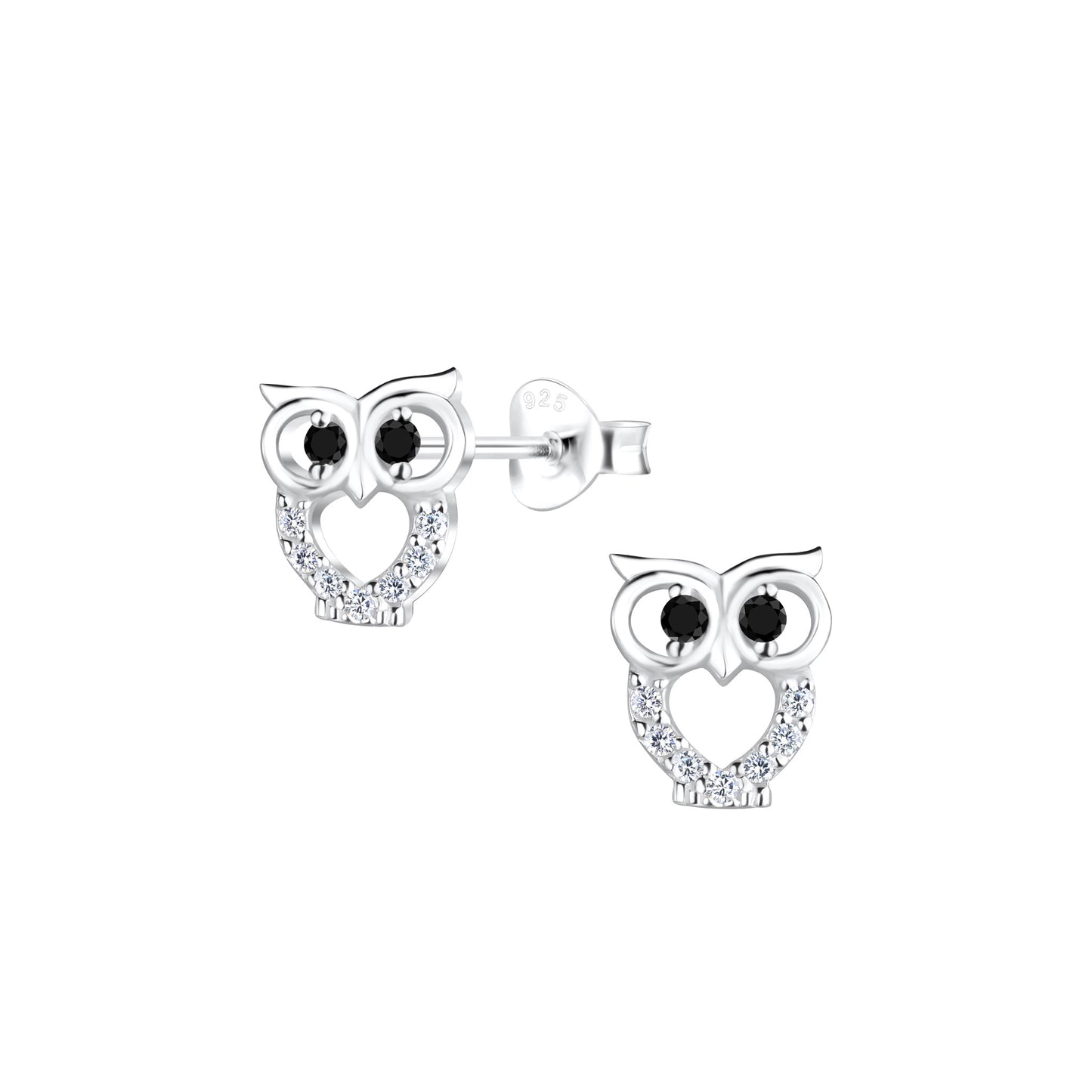 Silver owl shaped stud earrings with black CZ eyes, and CZ surround open heart belly