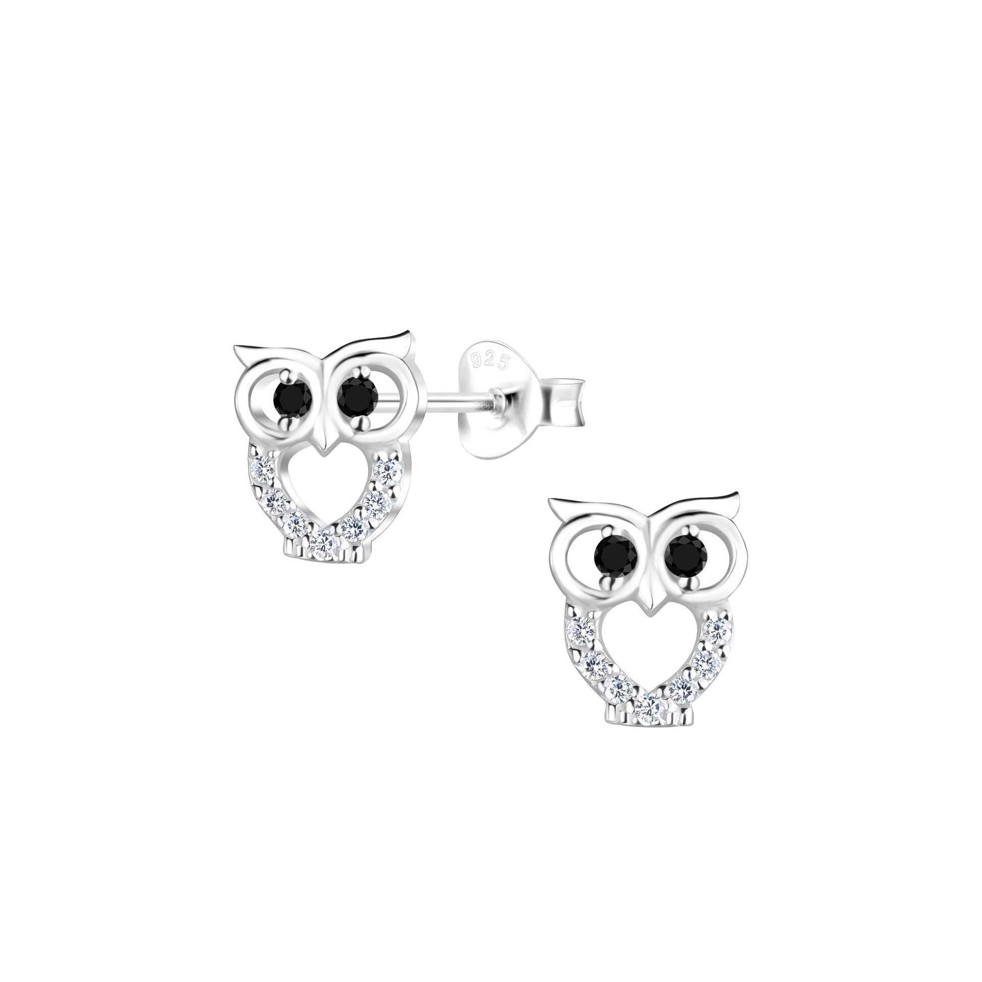 Silver owl shaped stud earrings with black CZ eyes, and CZ surround open heart belly