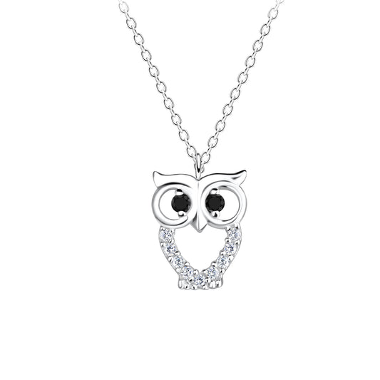 Silver owl shaped necklace with black CZ eyes, and CZ surround open heart belly
