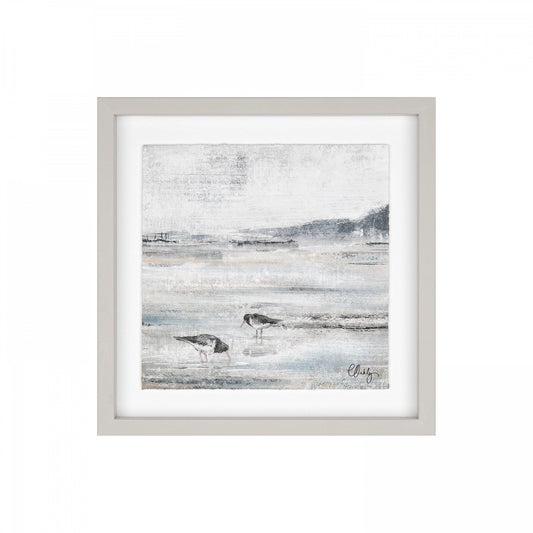 Framed print of oyster catcher birds on a sandy beach at low tide in wispy greys and blues.