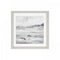 Framed print of oyster catcher birds on a sandy beach at low tide in wispy greys and blues.