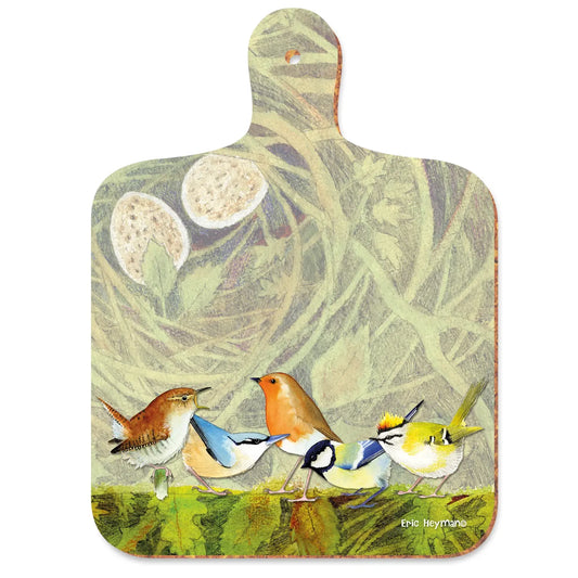 A chopping board paddle featuring a print of British garden birds on a background of a bird's nest